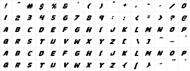 Johnny Torch Expanded Italic Expanded Italic  glyph index