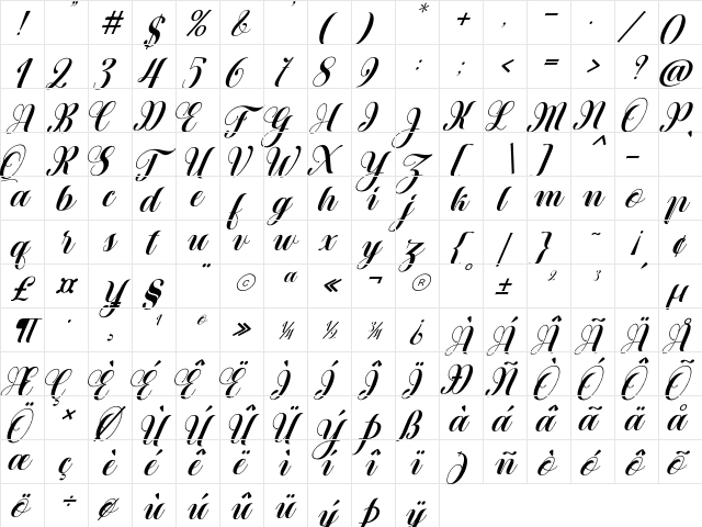 Heartbeat italic Regular  glyph index