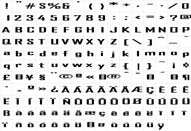 TR Heavy  glyph index