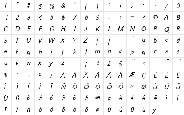URWGroteskTLigItaIn1 Regular  glyph index