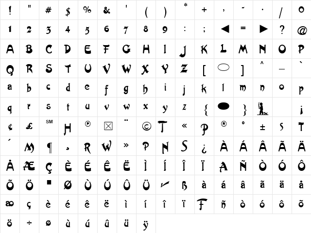 Artistik Regular  glyph index
