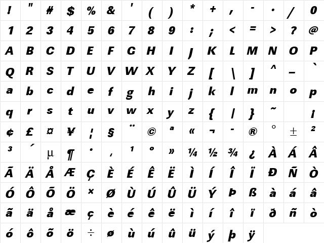 URWLinearTUltBolNar Oblique  glyph index