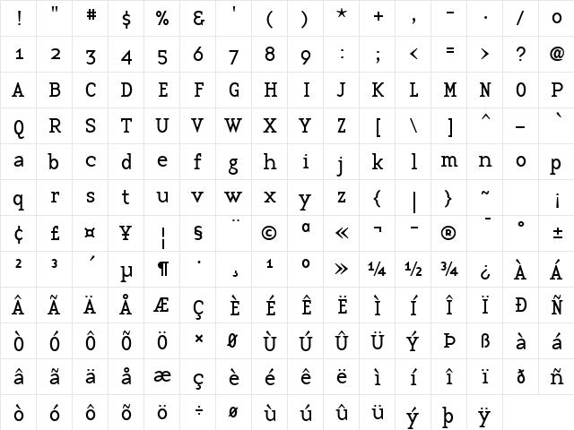 BaseTwelveSerif Regular  glyph index