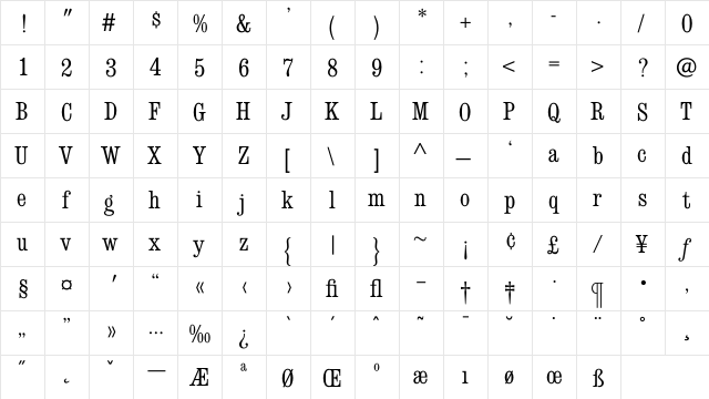 ConsortLightCondensed Regular  glyph index