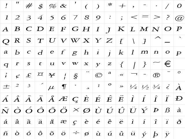 AmethystExtended Italic  glyph index