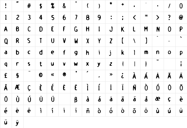 HolsteinBoldkern Regular  glyph index