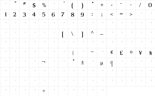 ArgusMediumTab Regular  glyph index
