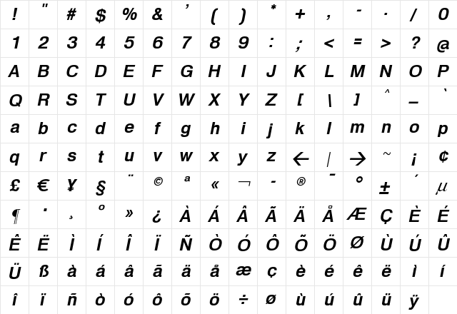 HeldustryFT Regular  glyph index