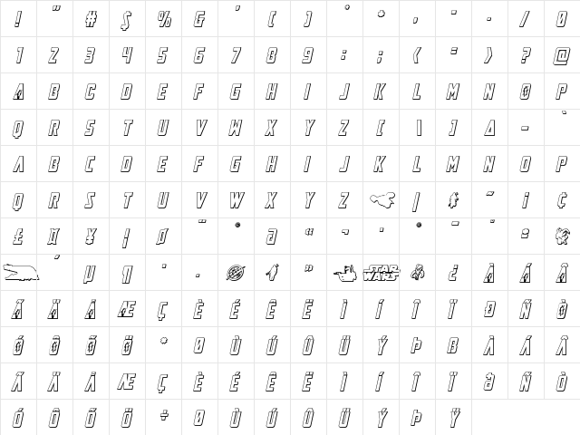 Mandalore 3D Italic Regular  glyph index
