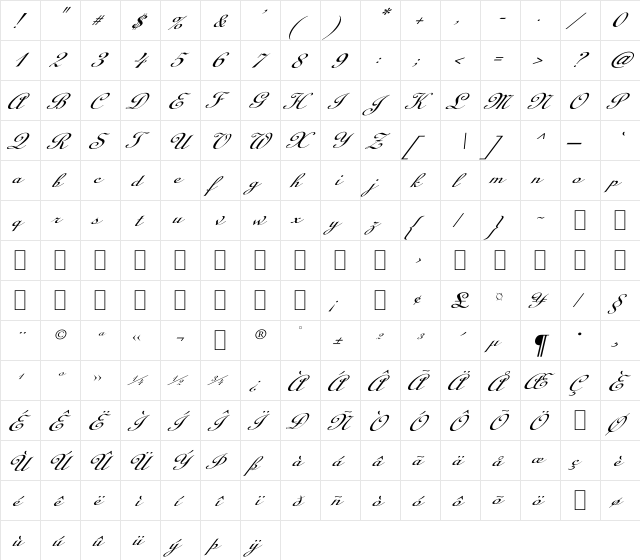 BD Cursif Regular  glyph index