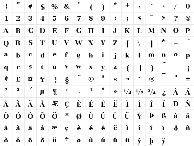 BasiliaT Bold  glyph index