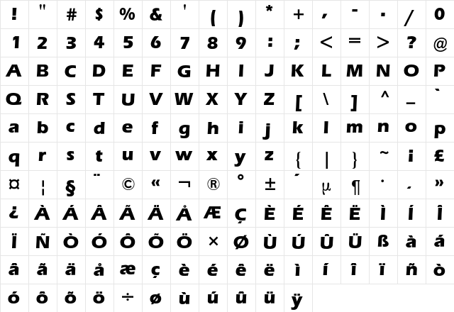 Eras BQ Regular  glyph index