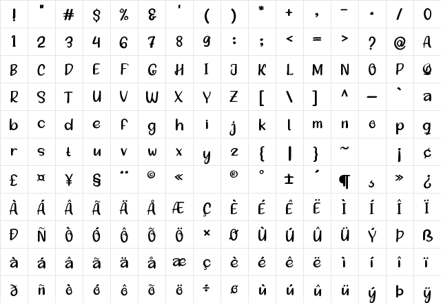 Sleeky Regular  glyph index