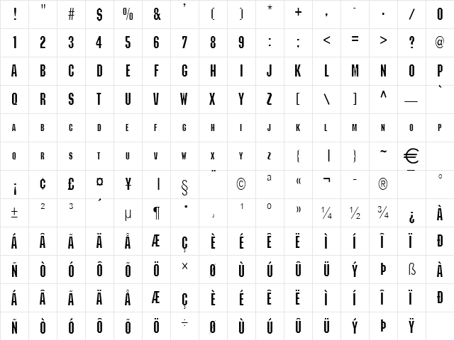 BlockCondensed Normal  glyph index