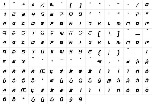 MetronOpen Italic  glyph index
