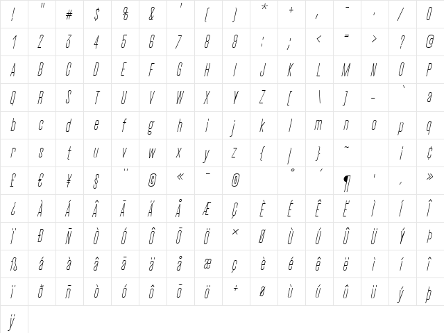 CactusLight Italic  glyph index