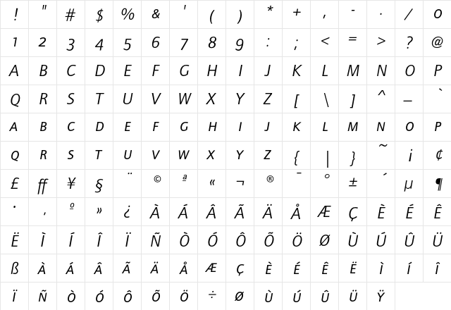 FoundryJournalSC-BookItalic Regular  glyph index