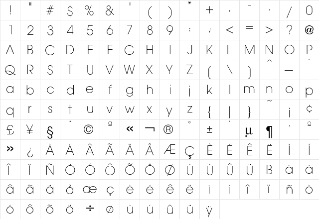 Avant GardeXLight  glyph index
