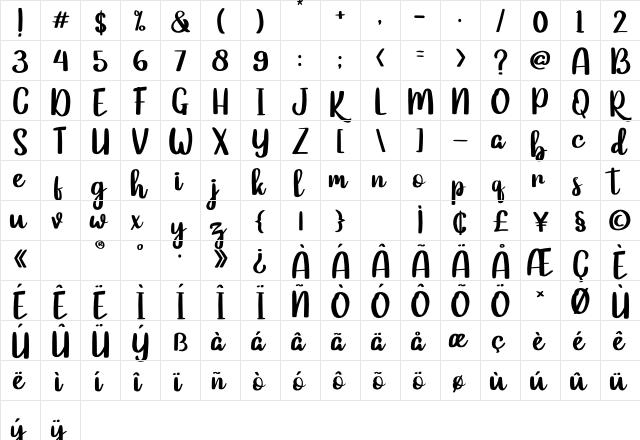 Cagakara Regular  glyph index