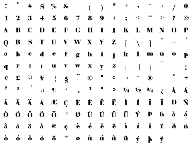BodoniNo1URWT Bold  glyph index