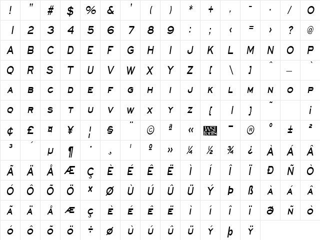EyechartCondensed Bold Italic  glyph index