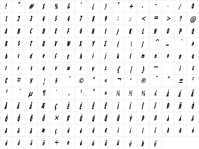 Massey-Condensed Italic  glyph index