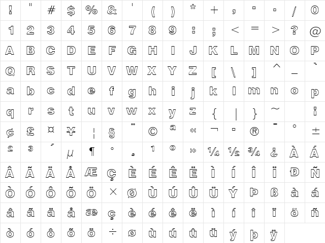 Swis721 BlkOul BT Black  glyph index