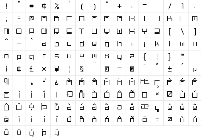 Rectand Regular  glyph index