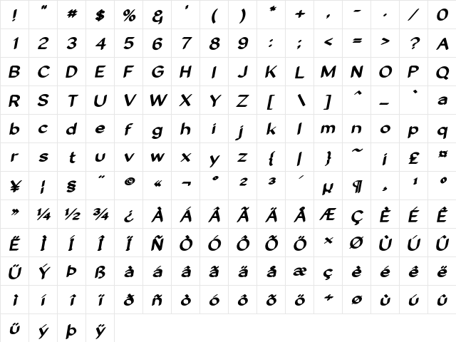 Likkle Expanded Oblique Regular  glyph index