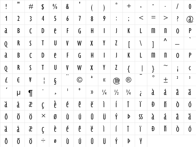 BradburySans-Light Regular  glyph index