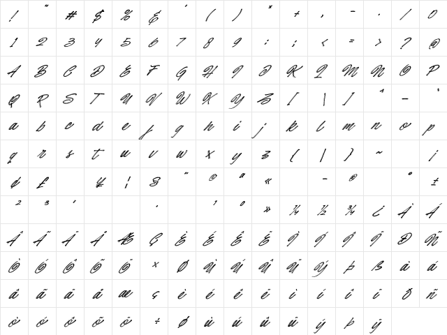 Hotte Brush Italic Regular  glyph index