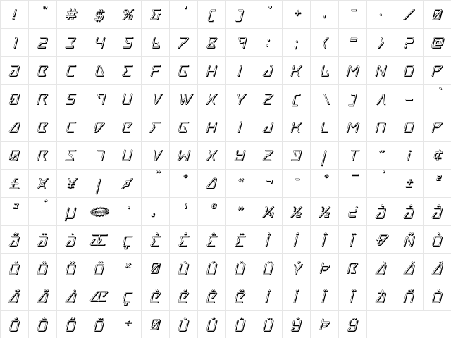 Tracer 3D Italic Italic  glyph index