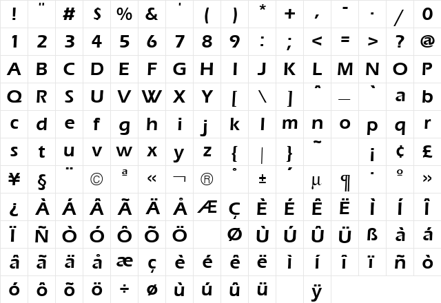 Eras Demi Regular  glyph index