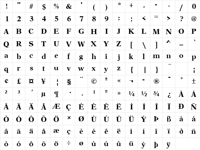 Aster Bold  glyph index