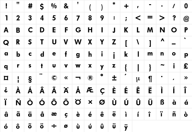Futura BQ Regular  glyph index