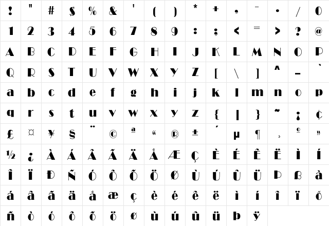 BroadwayCnd-Normal Regular  glyph index