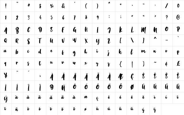 Kristale Script Regular  glyph index