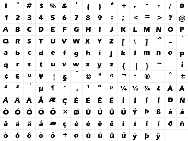 Eras Bd BT Bold  glyph index