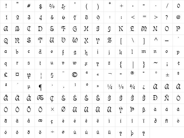 Isabella-Decor Regular  glyph index