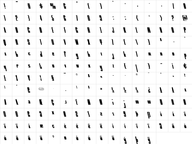 MOON Runner Leftalic Italic  glyph index