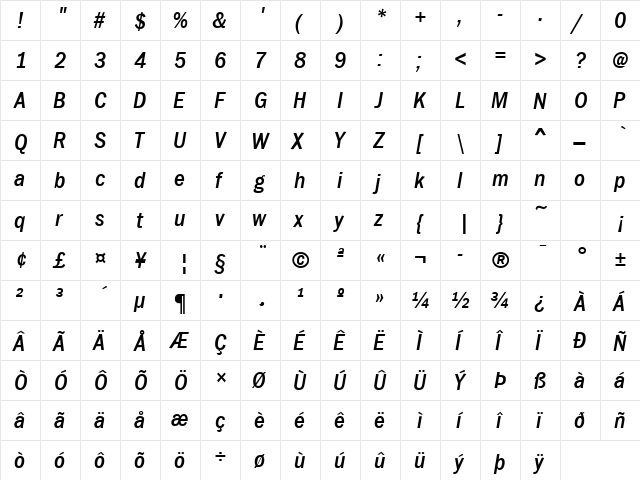 FranklinGothicCond Bold Italic  glyph index