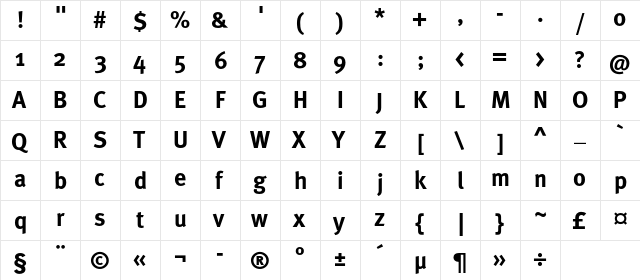 MetaBoldC Regular  glyph index