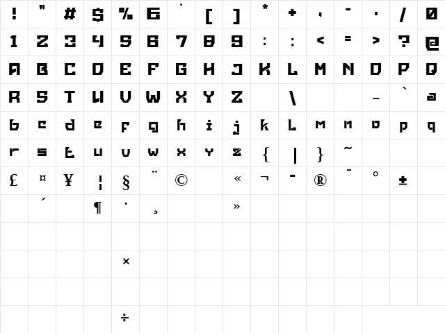 Mancha Bold  glyph index