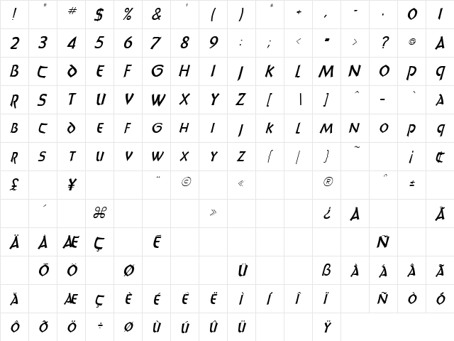 Sheila 6 Regular  glyph index