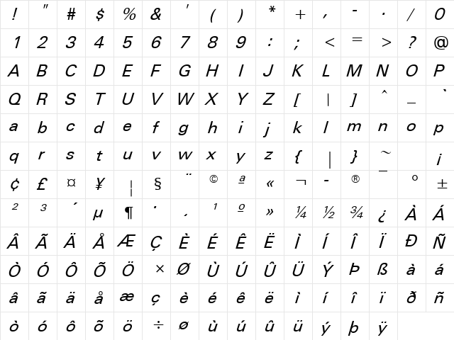 Utah Oblique  glyph index