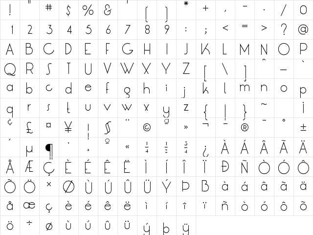 LT Oksana Light Regular  glyph index