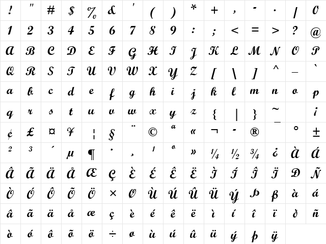 Script MT Bold Regular  glyph index