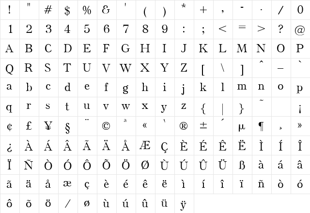 Epworth Regular  glyph index