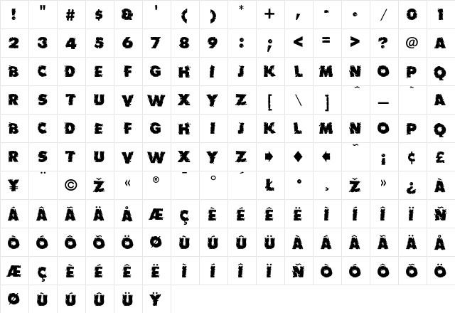 Earthquake Regular  glyph index