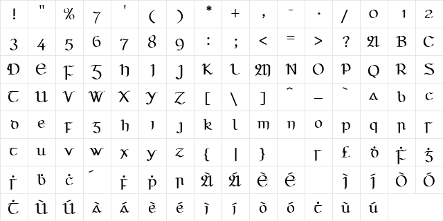 Seanchl Regular  glyph index